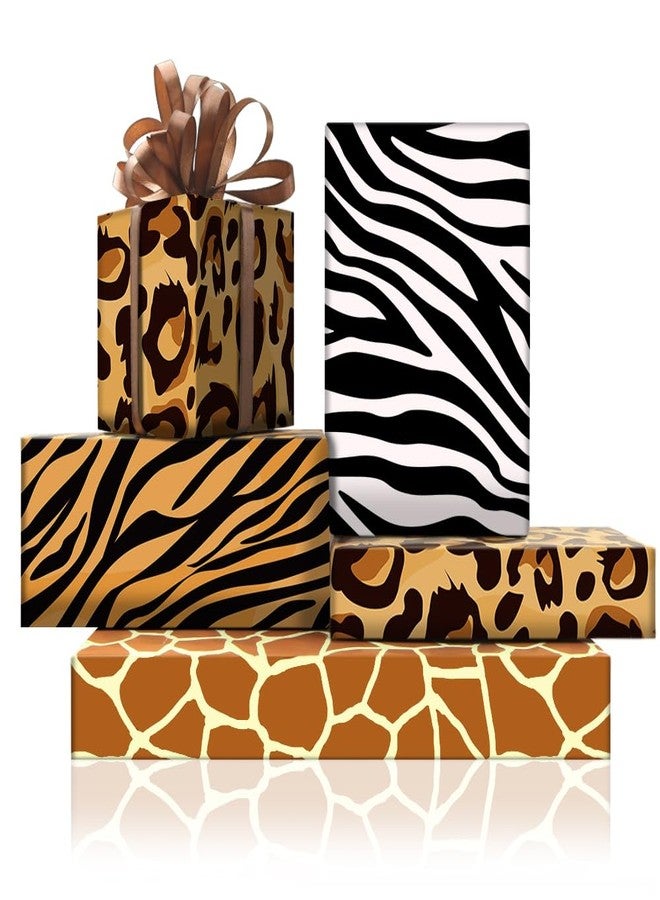 Boerni Safari Jungle Animal Fur Paw Skin Print Wrapping Paper Paper 4 Foled Flat Sheets in 4 Designs 15 sq. ft. ttl. With 22m Silk Ribbon, Giraffe Tiger Zebra Leopard Gift Wrap For Wild One 1st Birthday Wedding Valentine Party - Image 1